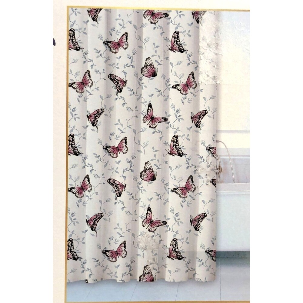Garden Floral Butterfly Shower Curtain PEVA Opaque Blue Purple White Bath NEW